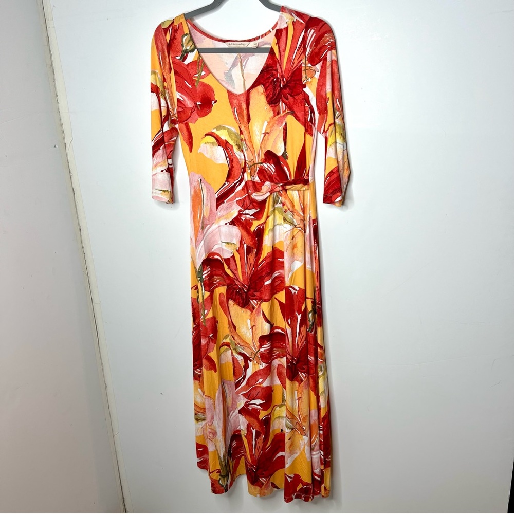 Soft Surroundings Tropical Print Elia Maxi Dress PXS Petite Jersey 3/4 Sleeve